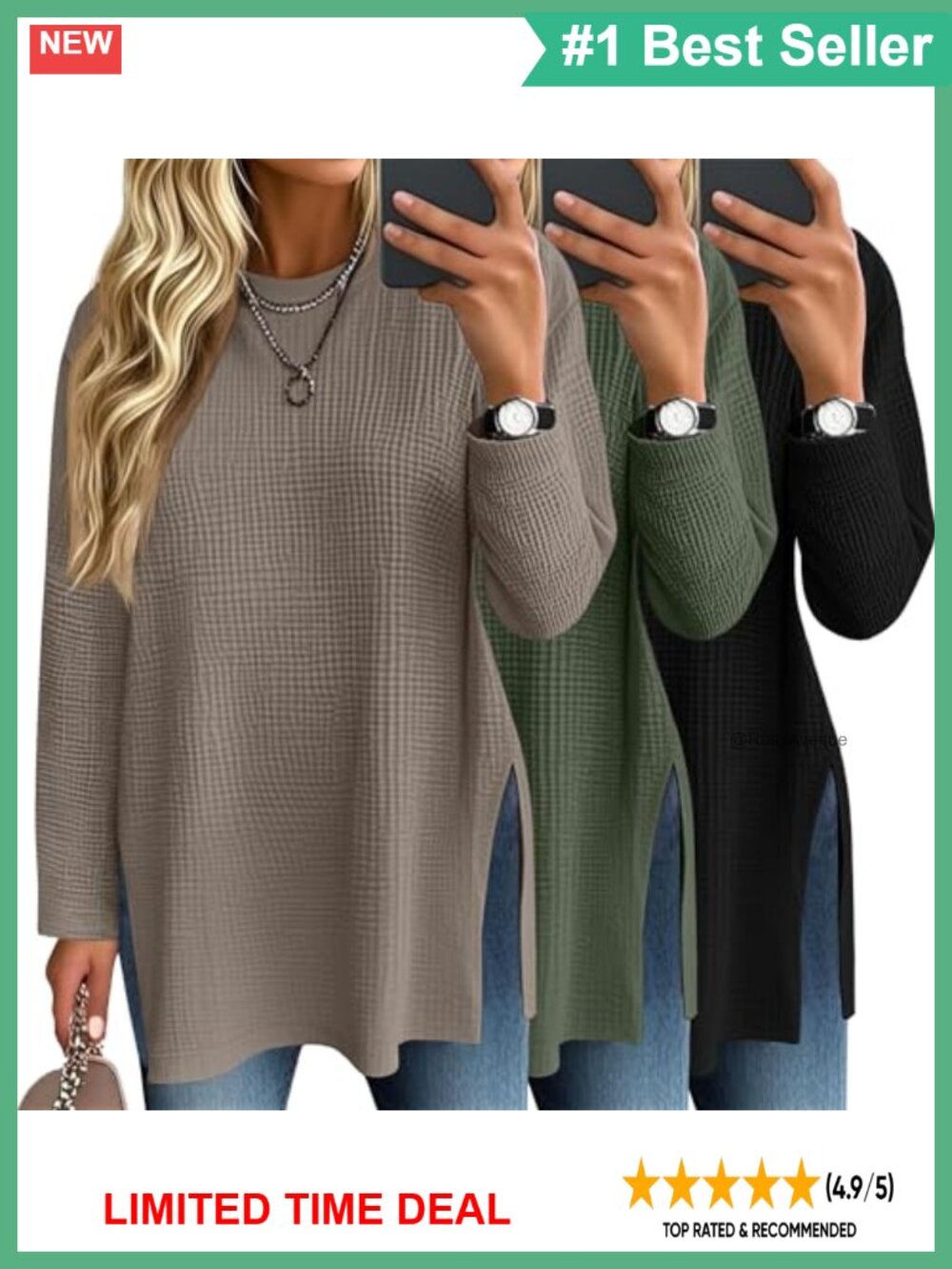 Waffle Knit Long Sleeve Oversized Tops 3 Pack Crew Neck Side Slit Womens
